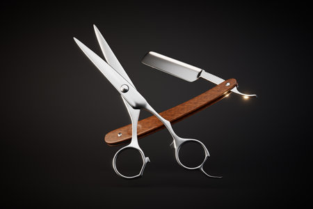 the concept of going to the barbershop. razor and scissors for cutting on a black background. 3D...