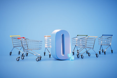 no tax on purchases. trolleys for groceries and 0 percent on a blue background. 3D rendering.の写真素材