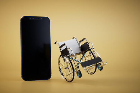 new technologies for people with disabilities. a wheelchair and a smartphone on a yellow background. 3D rendering.の写真素材