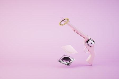 revolver on the tip of which is a condom on a pastel background. 3D rendering.の写真素材