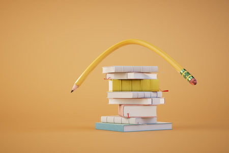 the concept of homeschooling. a stack of books and a simple pencil on a pastel background. 3D rendering.の写真素材