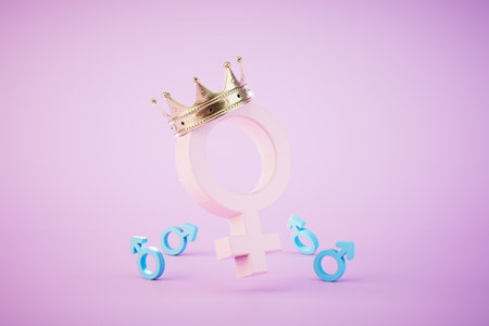 the dominance of women over men. Big woman badge in crown and small men's badges. 3D rendering.の写真素材