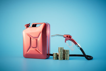 stacks of dollars, a canister for gasoline and a gun for refueling fuel for a car on a blue background. 3D rendering.の写真素材