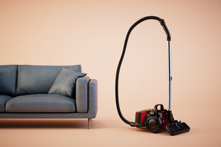 cleaning in the living room. a sofa next to which is a vacuum cleaner on a pastel background. 3D rendering.の写真素材