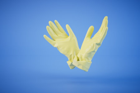 the concept of cleaning the house. rubber gloves for cleaning on a blue background. 3D rendering.の写真素材
