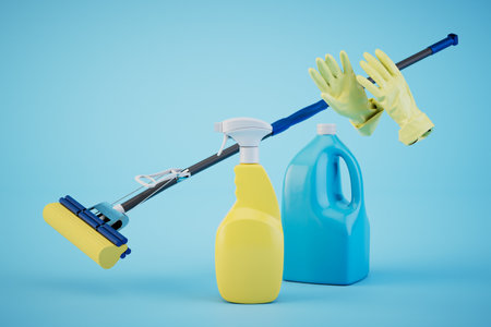 the concept of cleaning the house. gloves, detergent and a mop on a blue background. 3D rendering.の写真素材