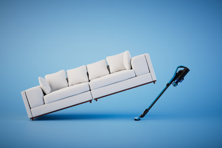 cleaning up dirt under furniture. a raised sofa and a washing vacuum cleaner underneath it. 3D rendering.の写真素材
