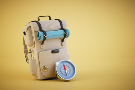 the concept of a hike along a certain route. hiking backpack with carimat and compass. 3D rendering.の写真素材