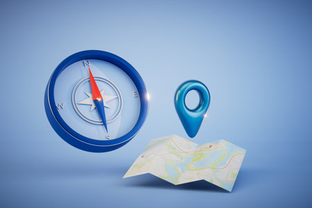 the concept of road definition. map with a GPS point and a compass on a blue background. 3D rendering.の写真素材