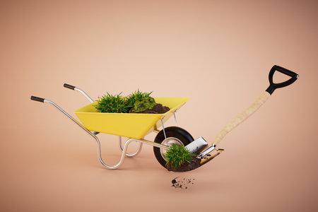 planting grass in the garden. a wheelbarrow with earth and grass and a shovel on a pastel background. 3D rendering.の写真素材