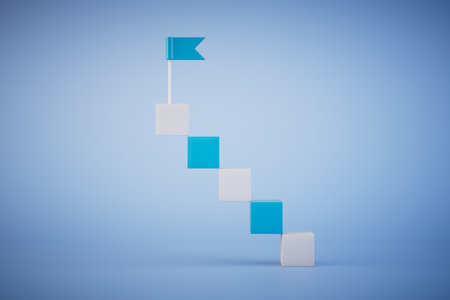 marking the end of the road. a ladder and a flag on top of it on a blue background. 3D rendering.の写真素材