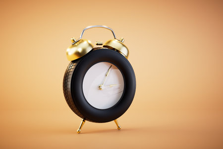 time to change tires. tire in the form of an alarm clock on a pastel background. 3D rendering.