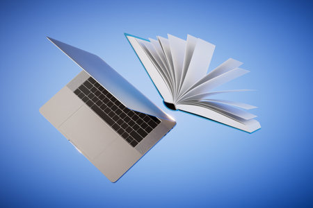 the concept of homeschooling. open laptop and book on a blue background. 3D rendering.の写真素材