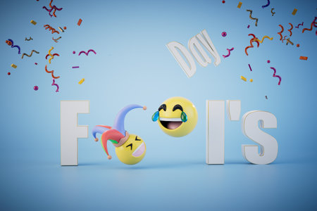 the concept of april fools' day celebrations. April Fools' Day with emoticons inside on a blue background. 3D rendering.の写真素材