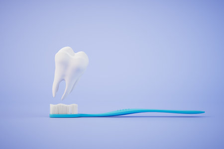 the concept of proper teeth cleaning. tooth and toothbrush on a blue background. 3D rendering.の写真素材