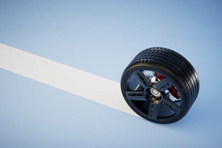 the concept of replacing the wheels of the car. the wheel rolls on a white stripe on a blue background. 3 render.の写真素材