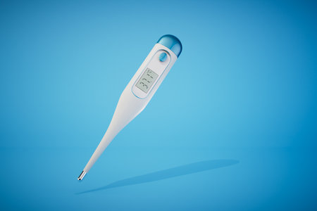 the concept of primary diagnosis of the disease. electronic thermometer on a blue background. 3D...