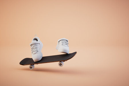 the concept of riding a skateboard. skateboard on which white sneakers on a pastel background. 3D rendering.の写真素材