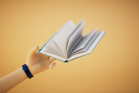 the concept of continuous learning. a hand with an open book on a pastel background. 3D rendering.の写真素材