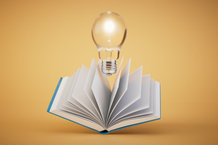 the concept of idea generation. an open book and a burning light bulb on a pastel background. 3D rendering.の写真素材