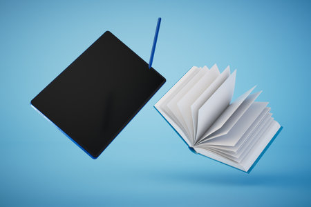 the concept of online learning. an open book next to the tablet with a stylus on a blue background. 3D rendering.の写真素材