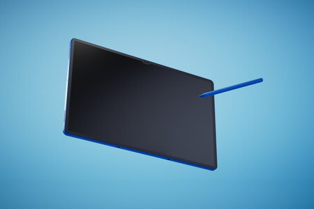 modern technologies for training. tablet with a stylus on a blue background. 3D rendering.の写真素材