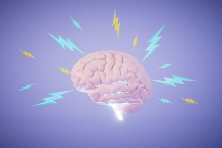 the brain is charged with generating ideas. an illuminated brain around which lightning bolts. 3D rendering.の写真素材