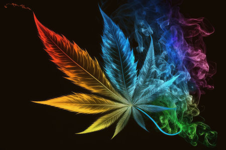 cannabis leaf in smoke on black background. ai generative.の素材