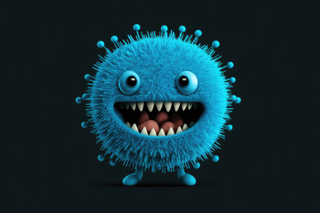 illustration of blue virus character with happy face. ai generative.の素材