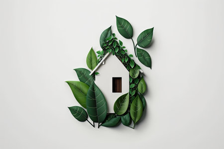 house figurine made of green leaves white background. ai generative.の素材