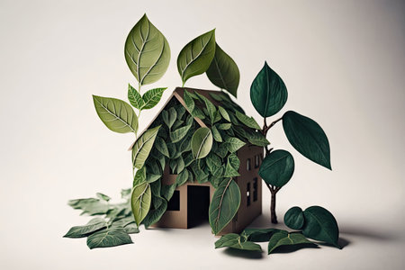 house figurine made of green leaves white background. ai generative.の素材