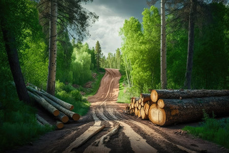 Fallen logs of trees from the forest lie on the road. ai generative.の素材