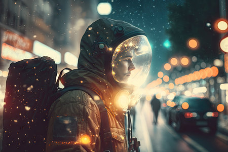portrait spaceman walking city street exploring night city. ai generative.の素材