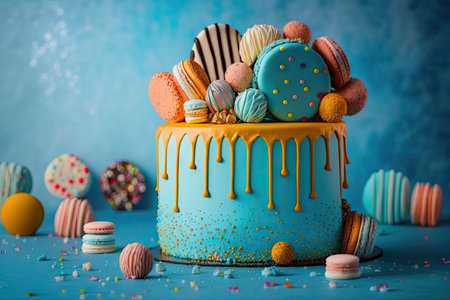 Festive birthday colorful cake decorated with sweets macaroons. ai generative.の素材