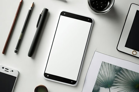 Versatile Phone Mockup white screen top view. ai generative.の素材