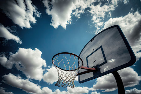 Outdoor court basketball hoop low angle view with sky. ai generative.の素材