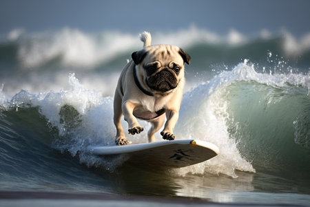 pug dog surfing. ai generative.の素材