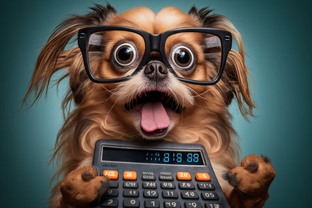 Shocked cute dog in glasses with open mouth looks at calculator. ai generative.の素材