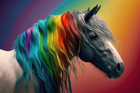 a horse with a rainbow man standing in front. ai generative.の素材
