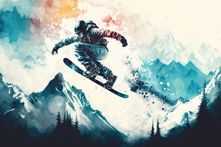 abstract snowboarder Jumping in the Air on Snow Winter Mountains. ai generative.の素材