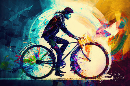 A man rides a bicycle abstract. ai generative.の素材