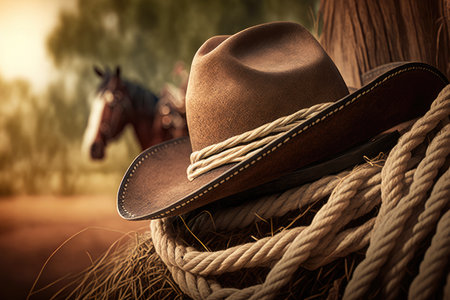 Rural background with close up cowboy hat and rope. ai generative.の素材