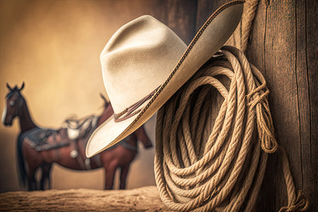Rural background with close up cowboy hat and rope. ai generative.の素材