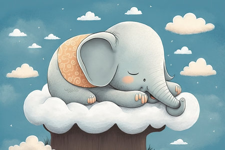 A cute little baby elephant sleeps on a cloud. ai generative.の素材