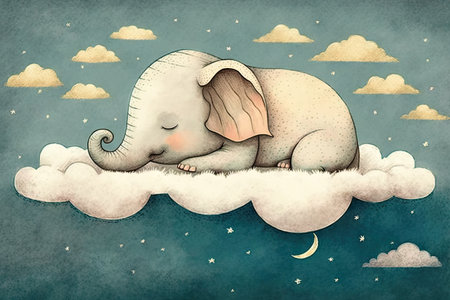 A cute little baby elephant sleeps on a cloud. ai generative.の素材