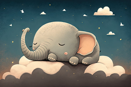 A cute little baby elephant sleeps on a cloud. ai generative.の素材