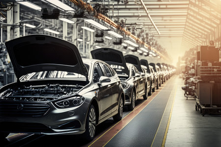 Mass production assembly line of modern cars. ai generative.の素材