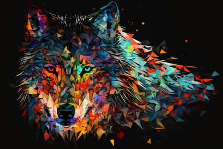 Abstract colorful polygon wolf on a black background. ai generative.の素材
