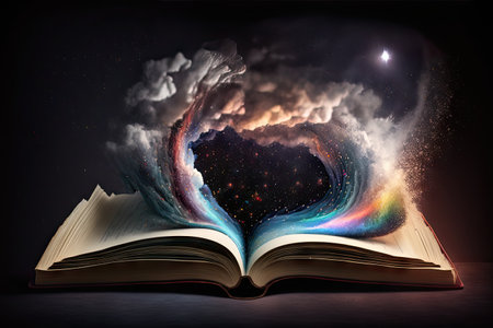 Open book with galaxy milky way stars other dimention. ai generative.の素材