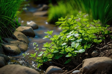Beautiful spring detailed close up stream of fresh water. ai generative.の素材